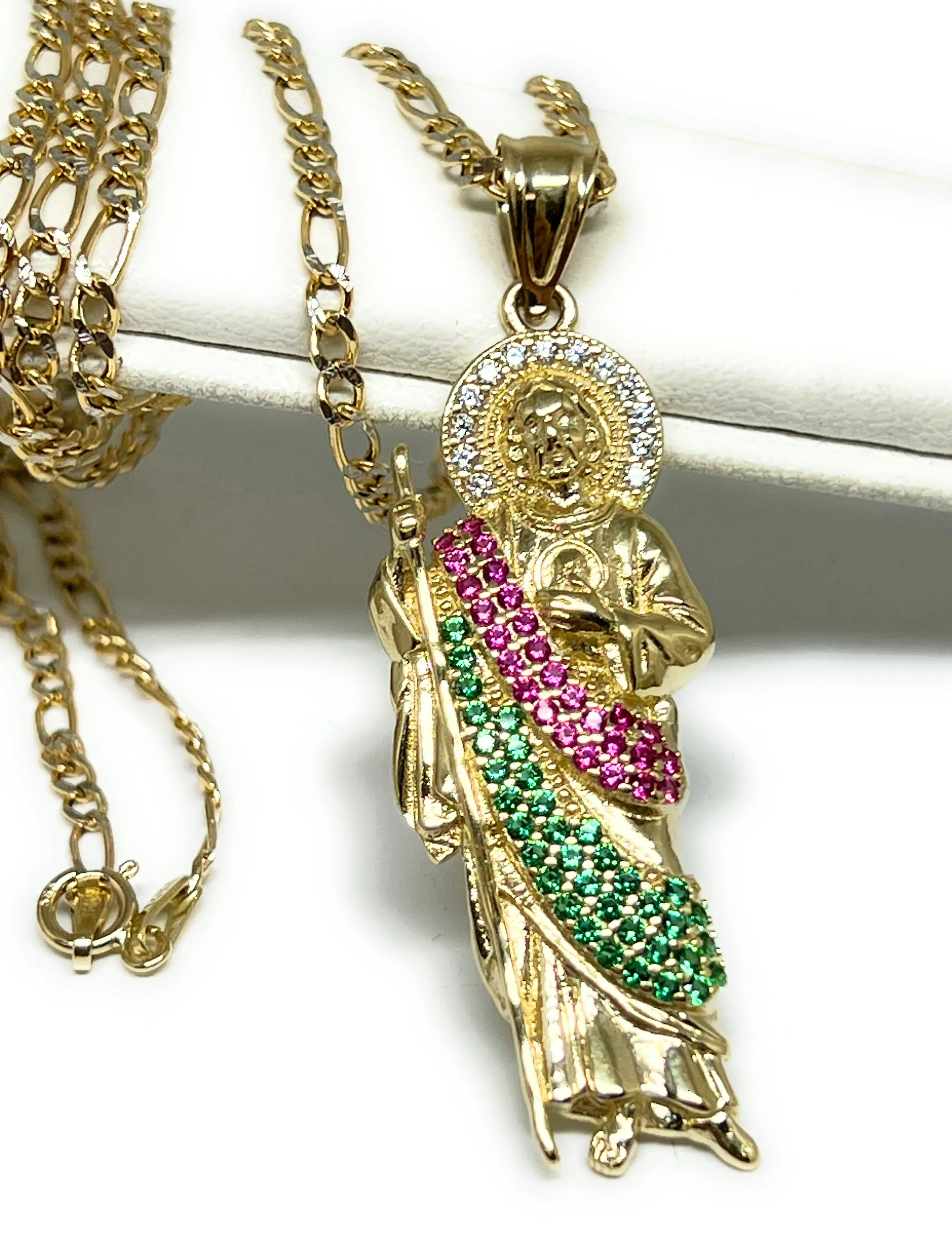 14k Solid Gold Yellow White, Green, Red CZ Saan Judas Saaint Jude Pendant with Chain Optional (SMALL)