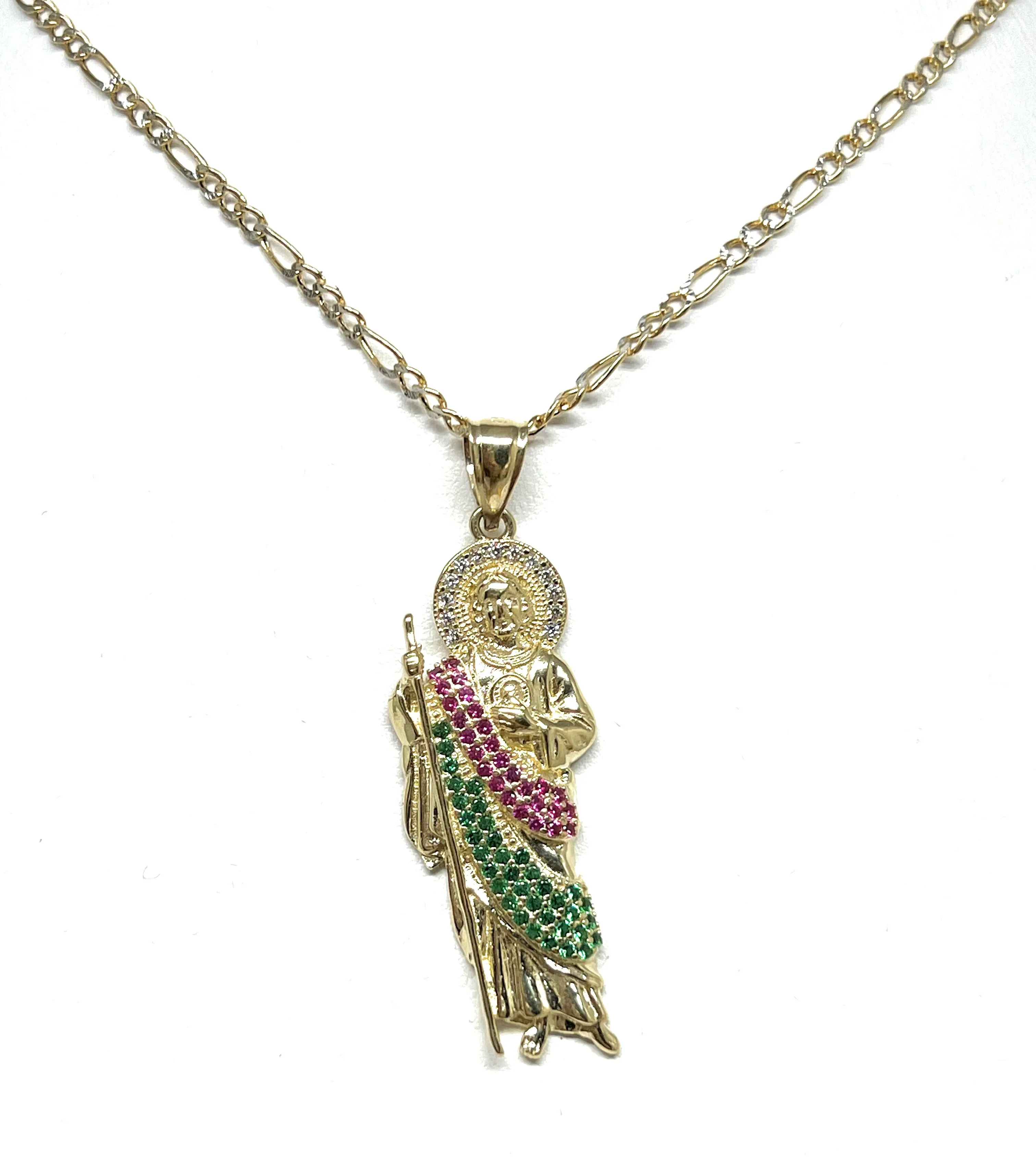 14k Solid Gold Yellow White, Green, Red CZ Saan Judas Saaint Jude Pendant with Chain Optional (SMALL)