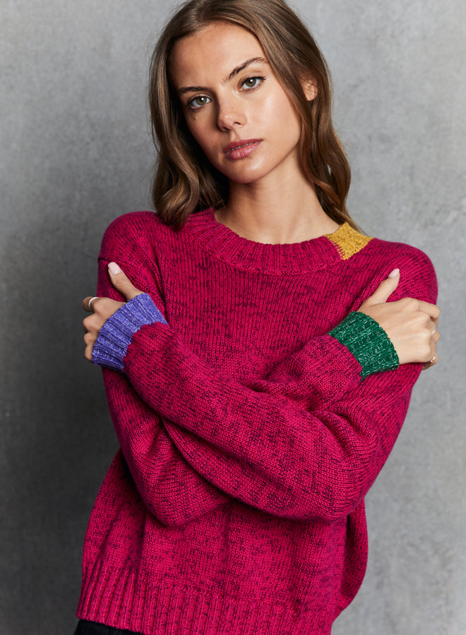 Autumn Cashmere - Tweed Color Block Crew - Barbie Multi