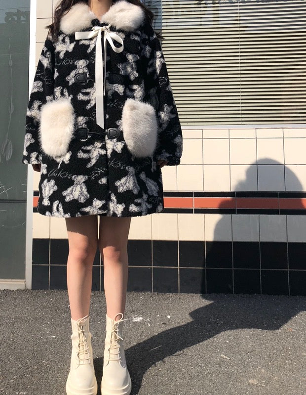 black white teddy bear long / short coat