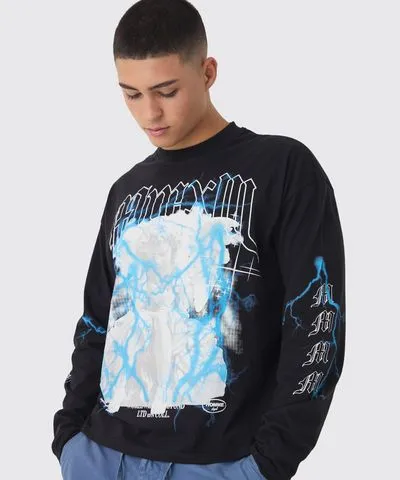 boohoo Mens Oversized Boxy Heavyweight Multi Cherub Print Long Sleeve T-Shirt