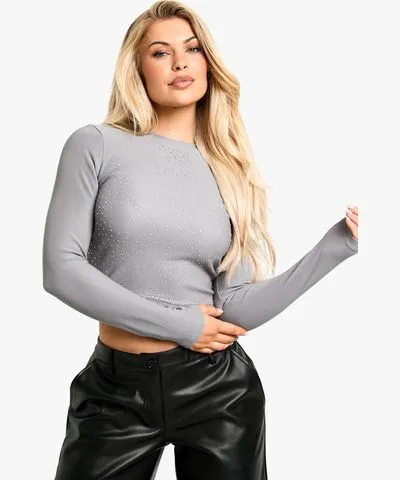 boohoo Womens Diamante Hotfix Long Sleeve Top