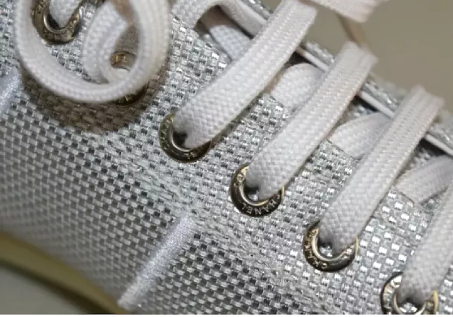 Chanel 10C, 2010 Cruise Resort Silver Metallic Canvas Woven CC Logo Tennis Shoes EU 41 US 10/11