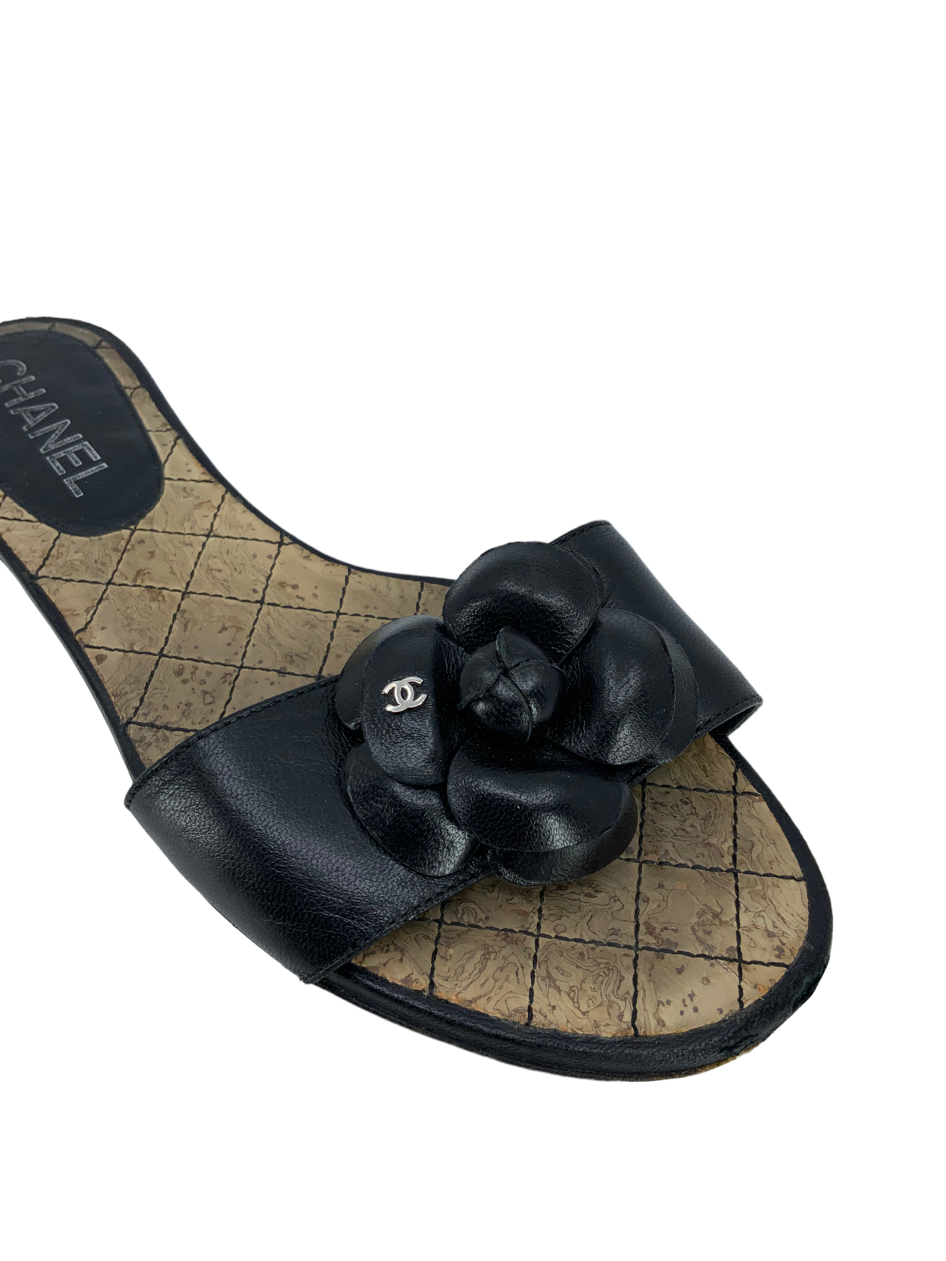 Chanel Leather Camellia Flower Flat Cork Sandals Size 7