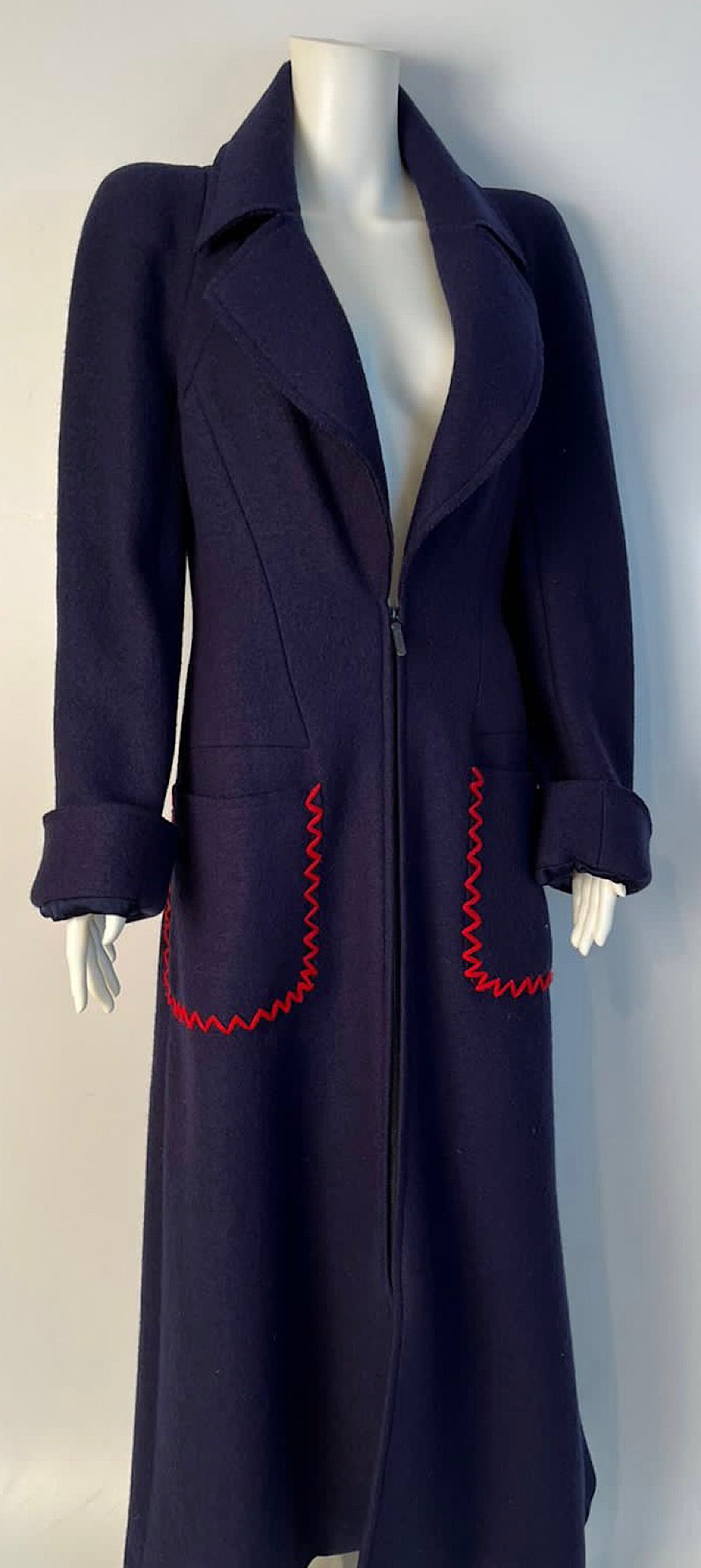 Chanel Vintage 97A 1997 Fall Navy Blue w Red Trim Long Heavy Wool Winter Coat FR 38 US 4