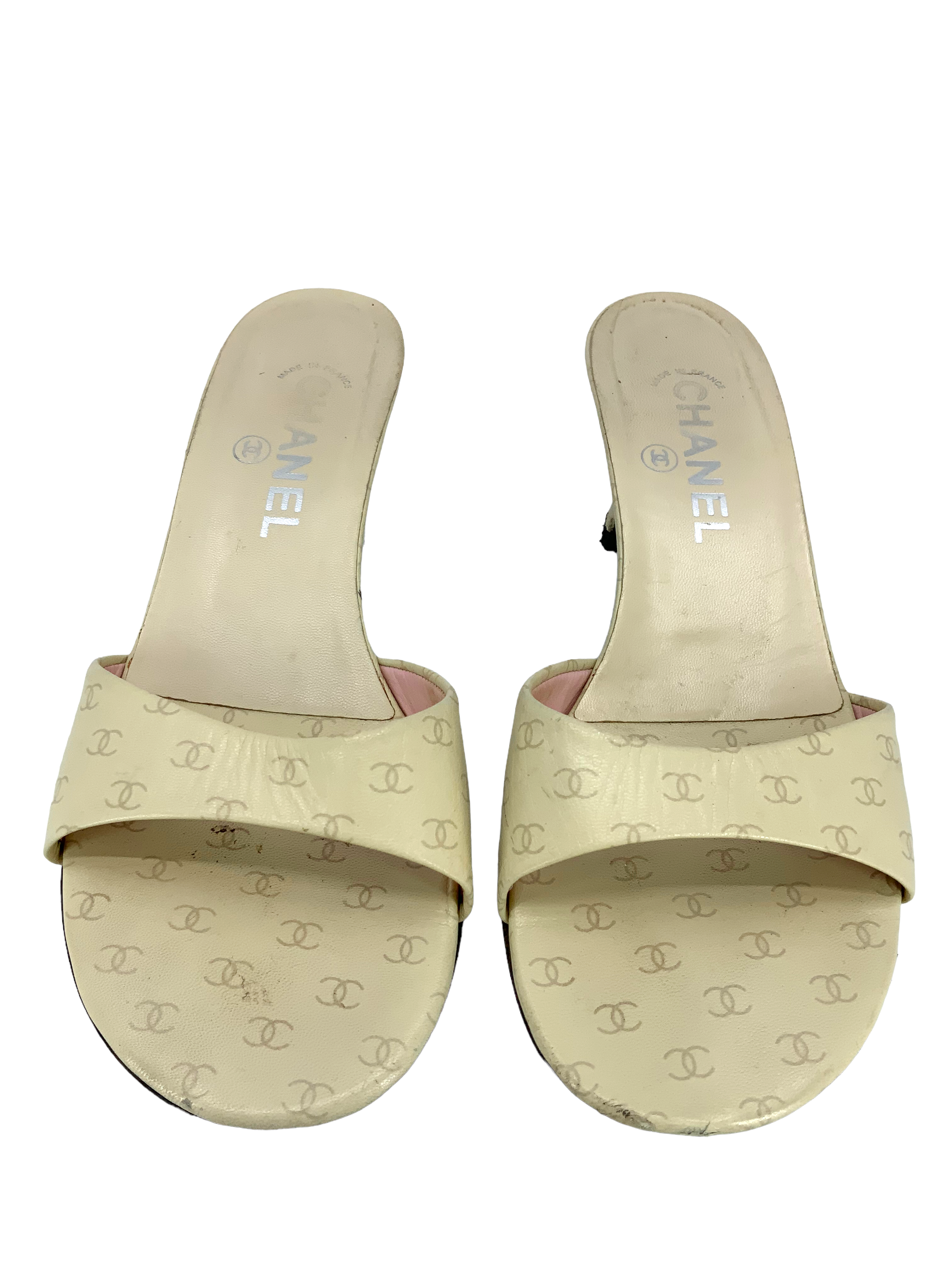 CHANEL Vintage CC Logo Printed Leather Slides Size 7.5