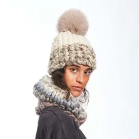 color block taupe marble beanie - White