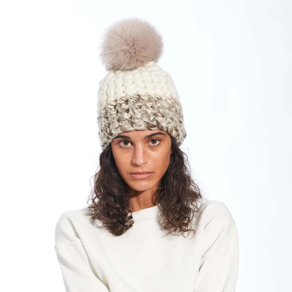 color block taupe marble beanie - White