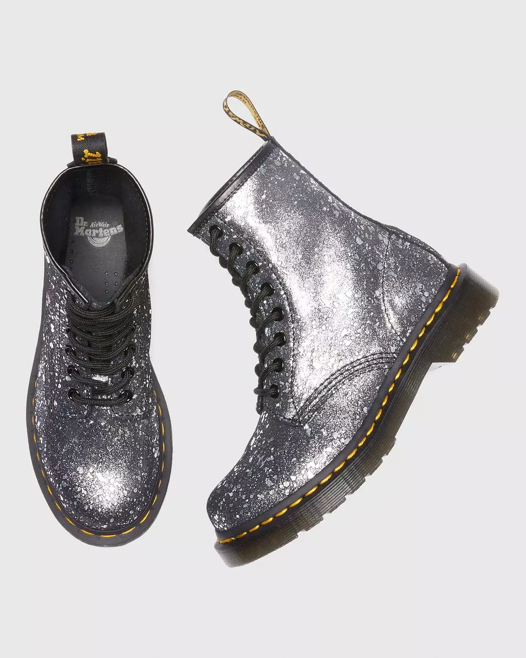 Dr Martens UNISEX 1460 METALLIC SPLATTER SUEDE LACE UP BOOTS (Black Metalic Paint Splatter)