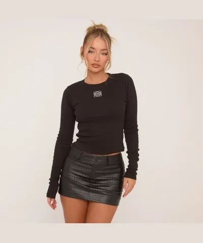 EGO Long Sleeve Swirl Detail Top In Black Rib