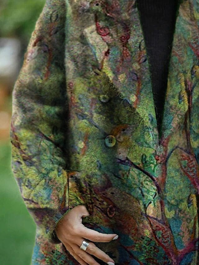 Elegant Floral Print Heated Winter Coat with Lapel