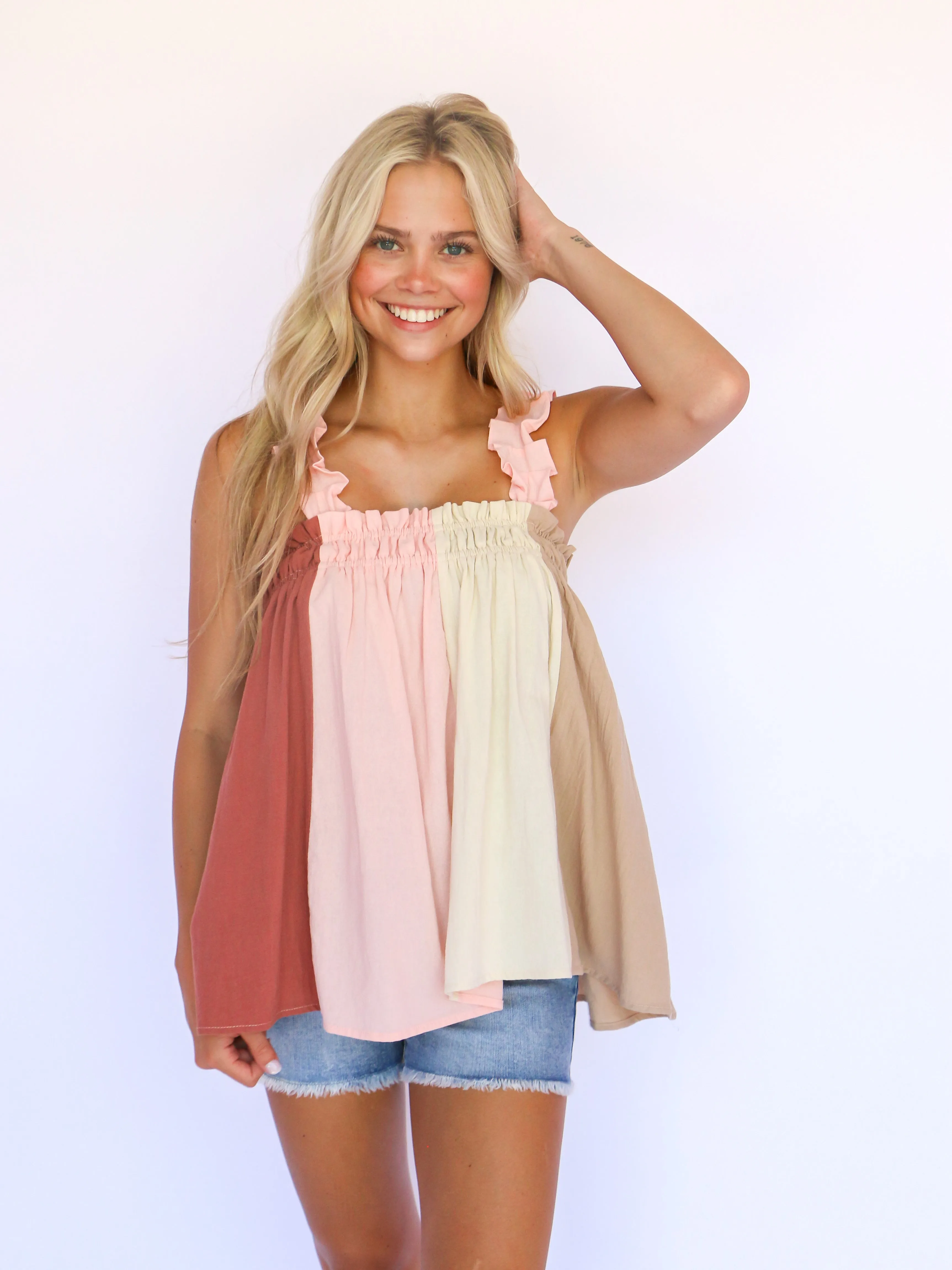 Frill Shoulder Color Block Tank