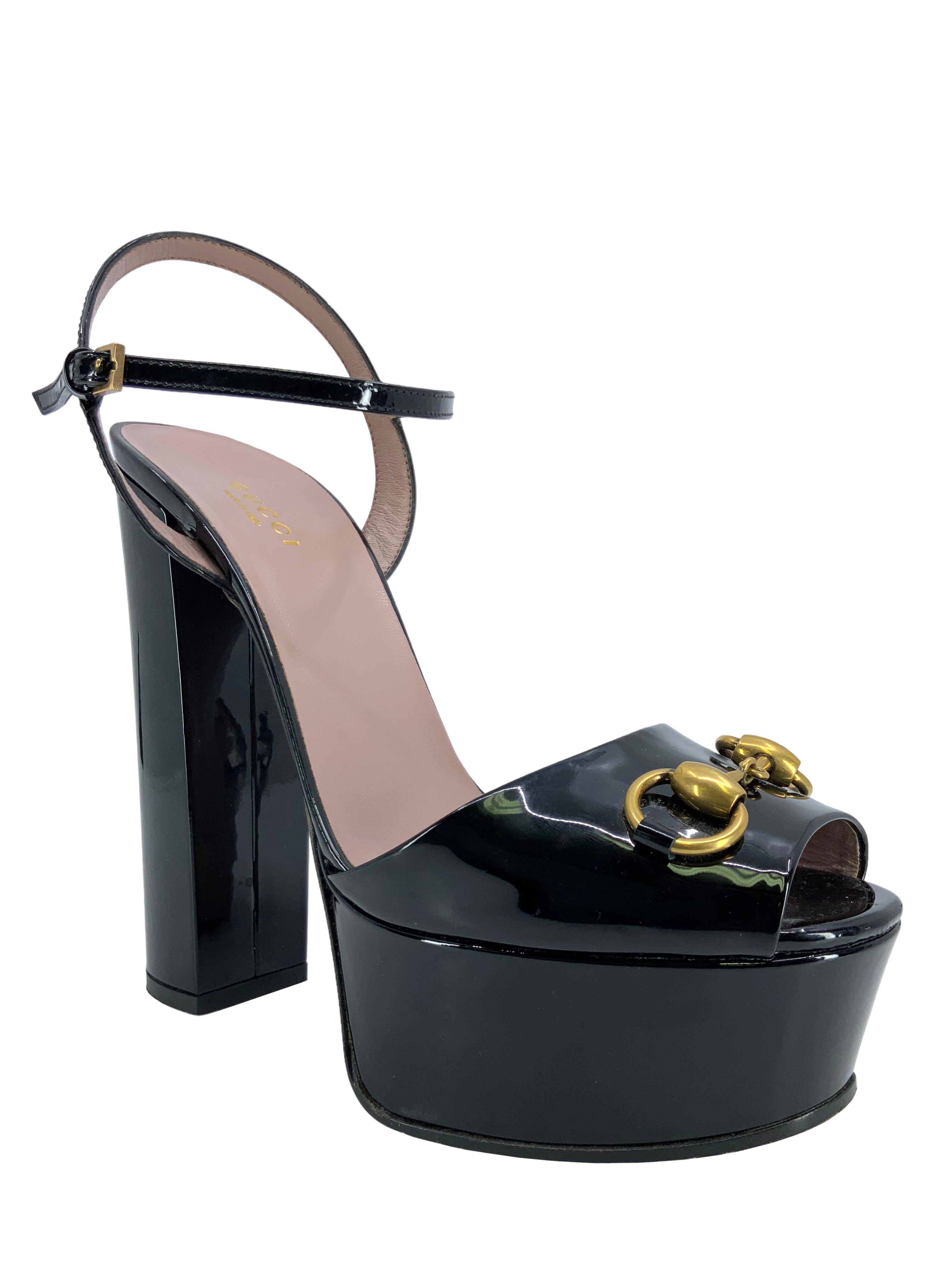 GUCCI Claudie Patent Leather Platform Horsebit Sandals Size 8