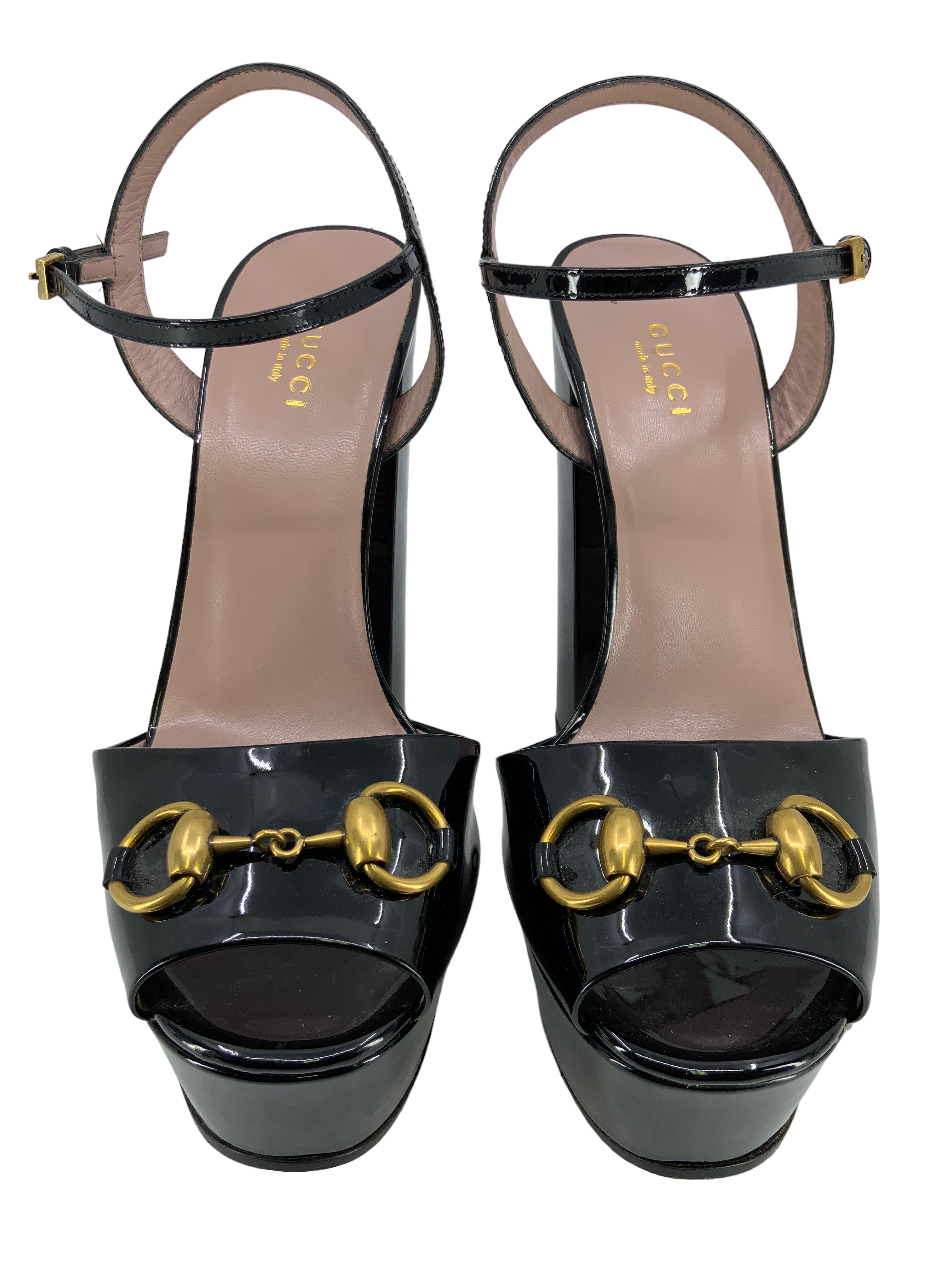 GUCCI Claudie Patent Leather Platform Horsebit Sandals Size 8