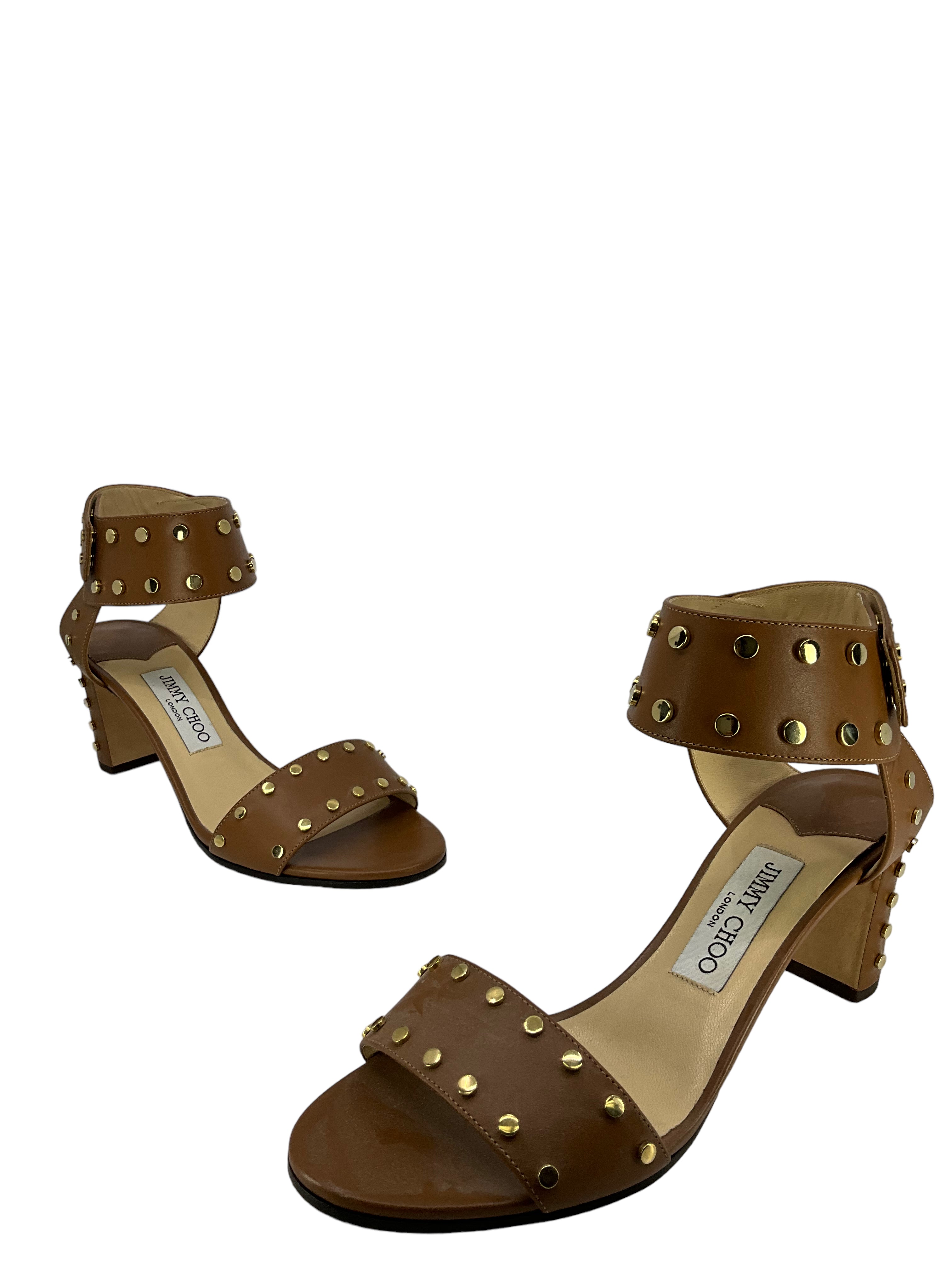 Jimmy Choo Brown Leather Gold Studded Sandals Size 8.5