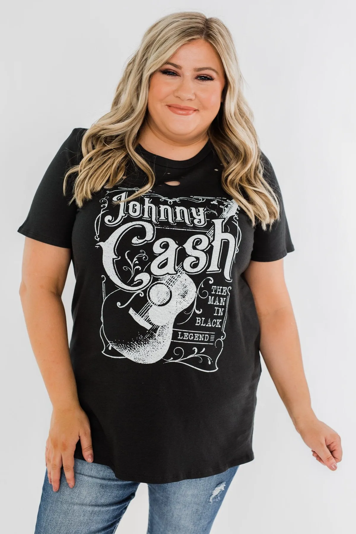 Johnny Cash Distressed Graphic Top- Black