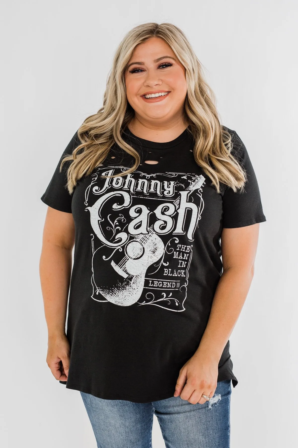 Johnny Cash Distressed Graphic Top- Black