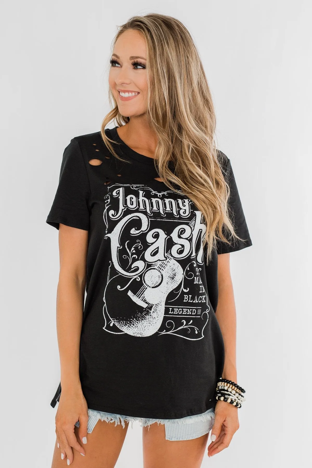 Johnny Cash Distressed Graphic Top- Black