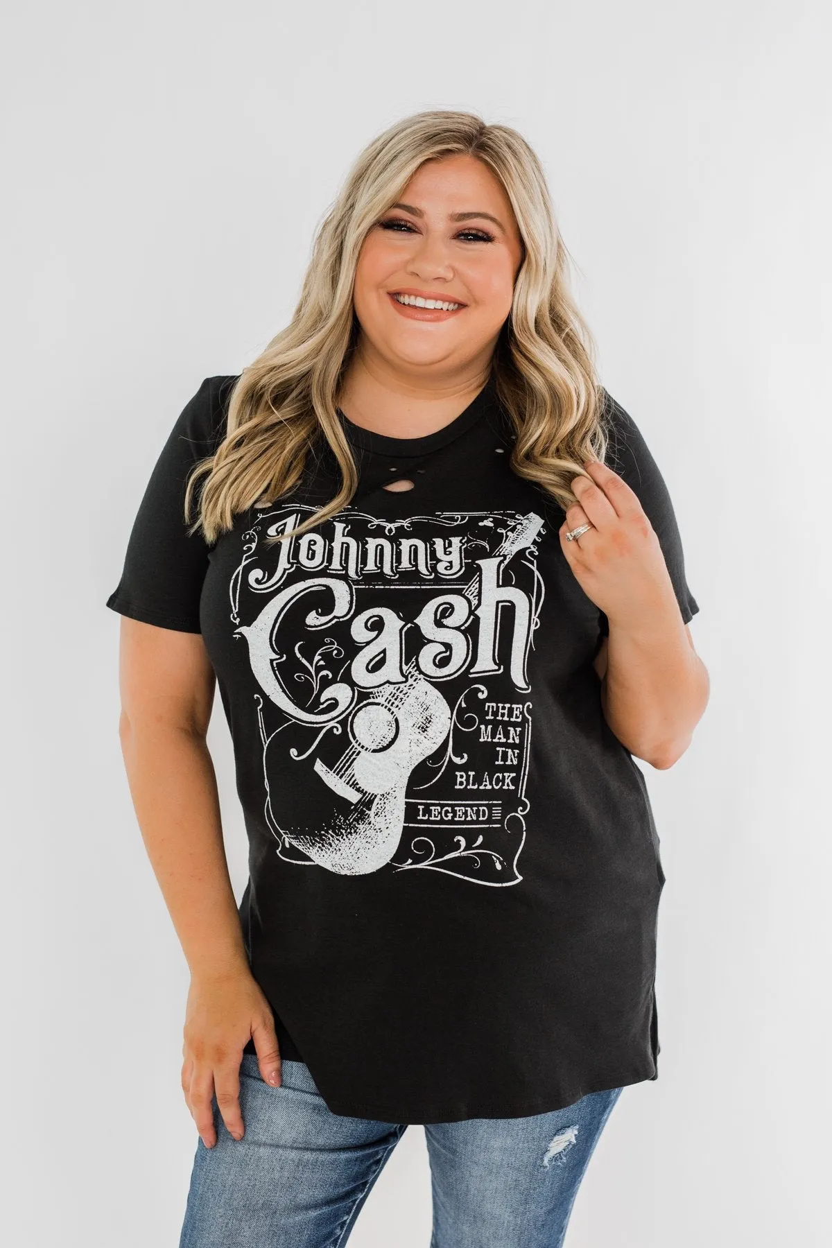 Johnny Cash Distressed Graphic Top- Black