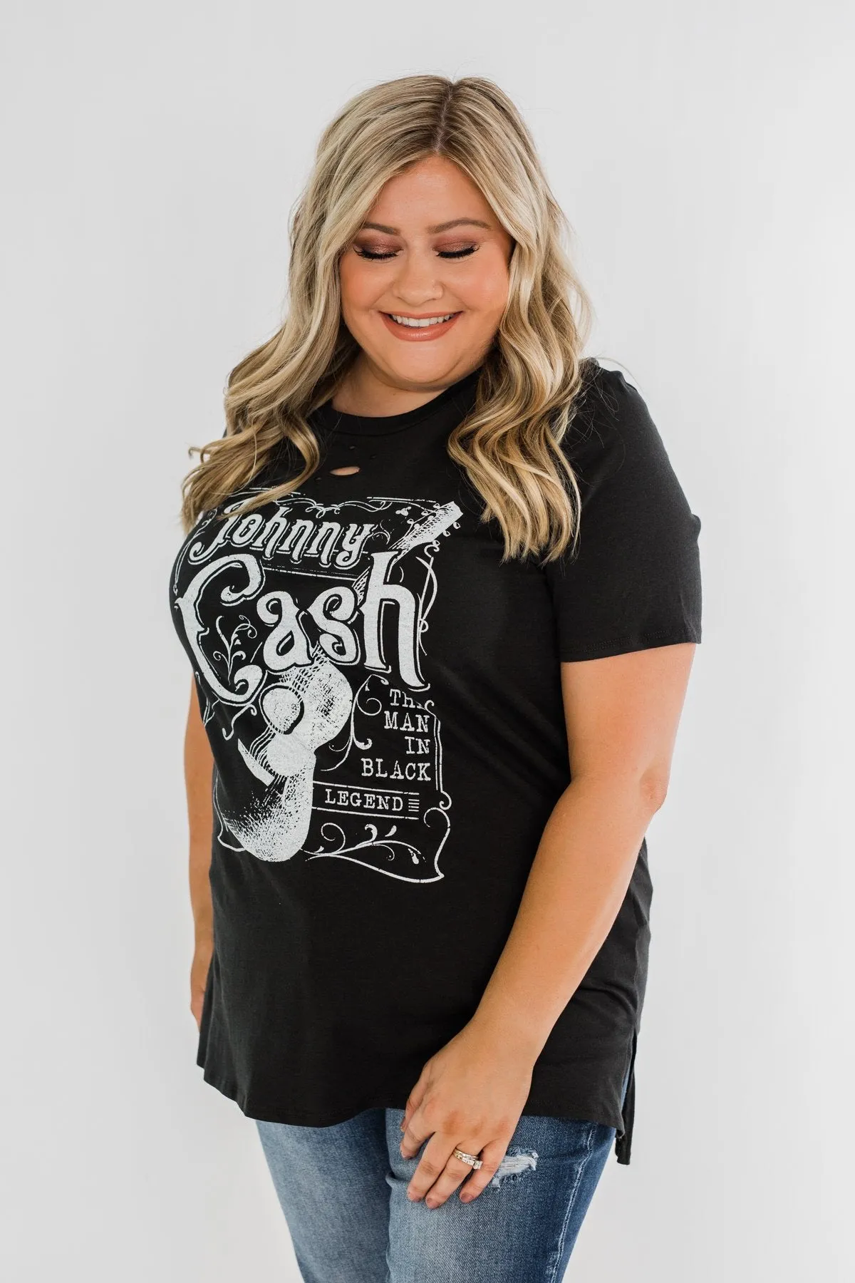 Johnny Cash Distressed Graphic Top- Black