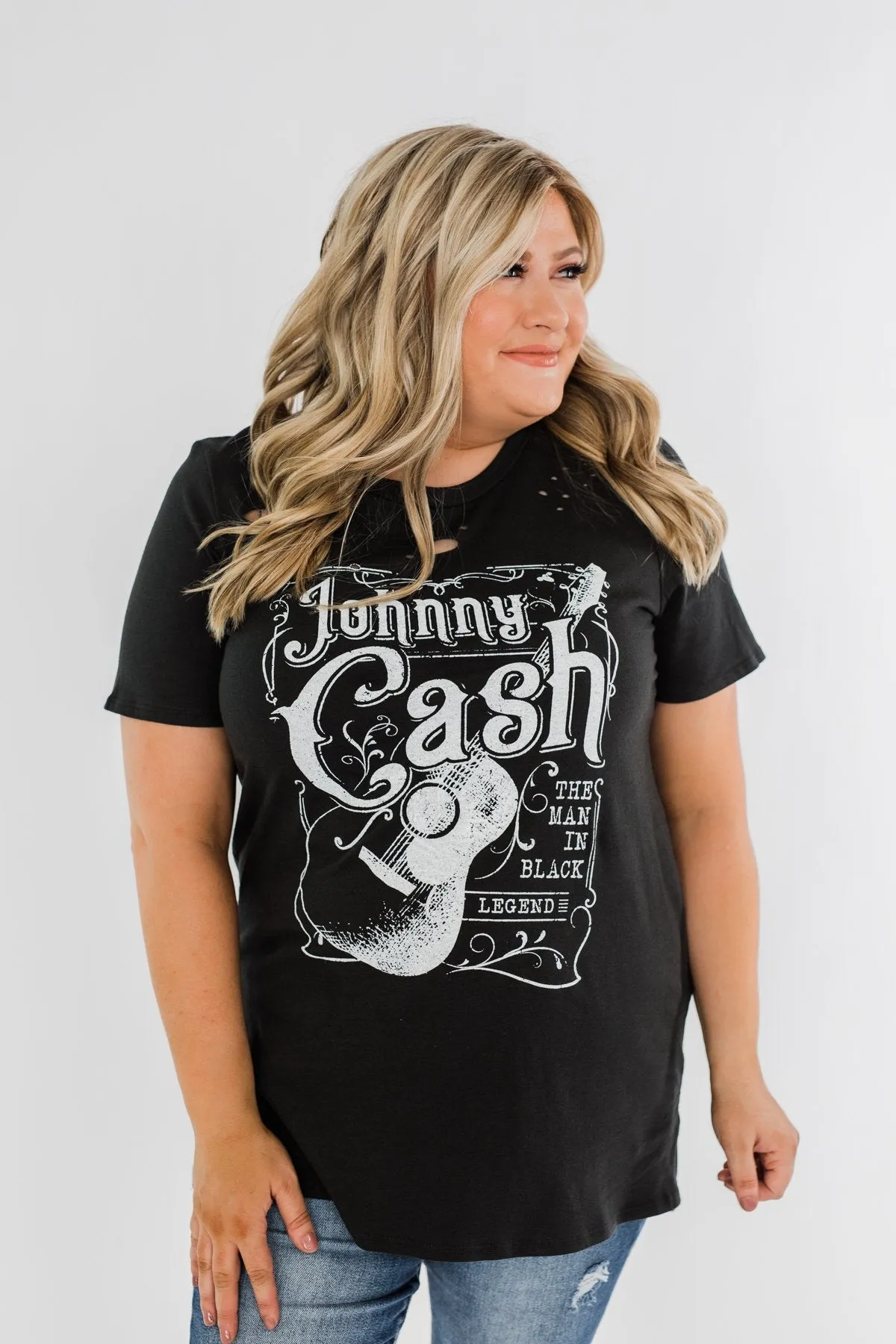 Johnny Cash Distressed Graphic Top- Black