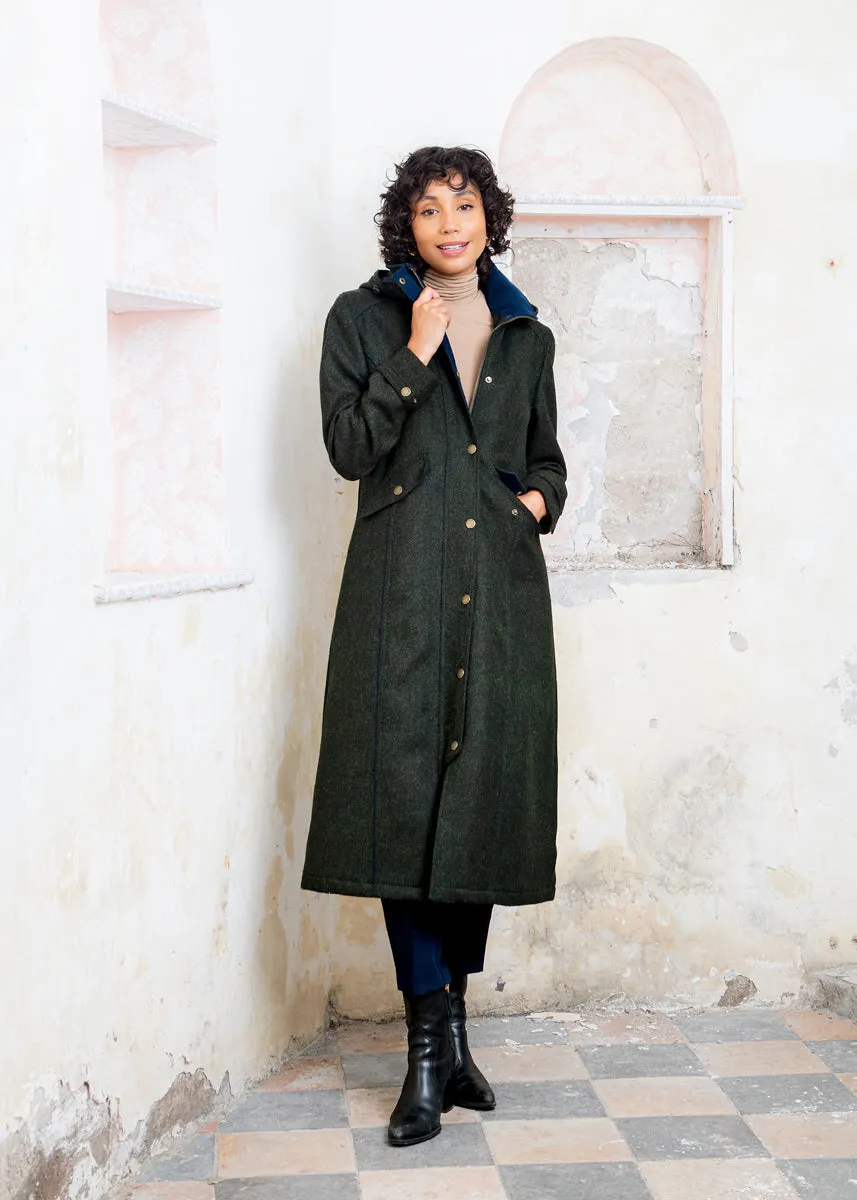 Julia Long Tweed Coat - Deep Green Herringbone