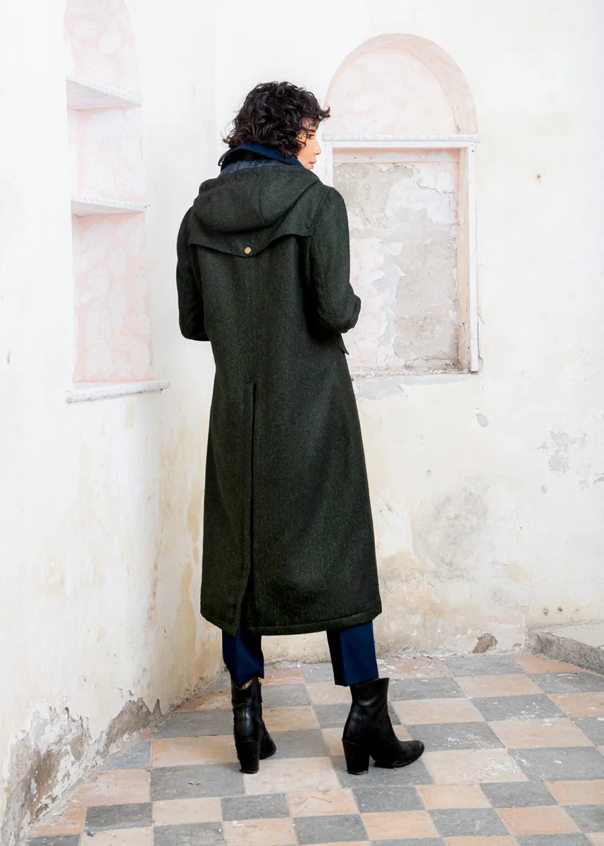 Julia Long Tweed Coat - Deep Green Herringbone