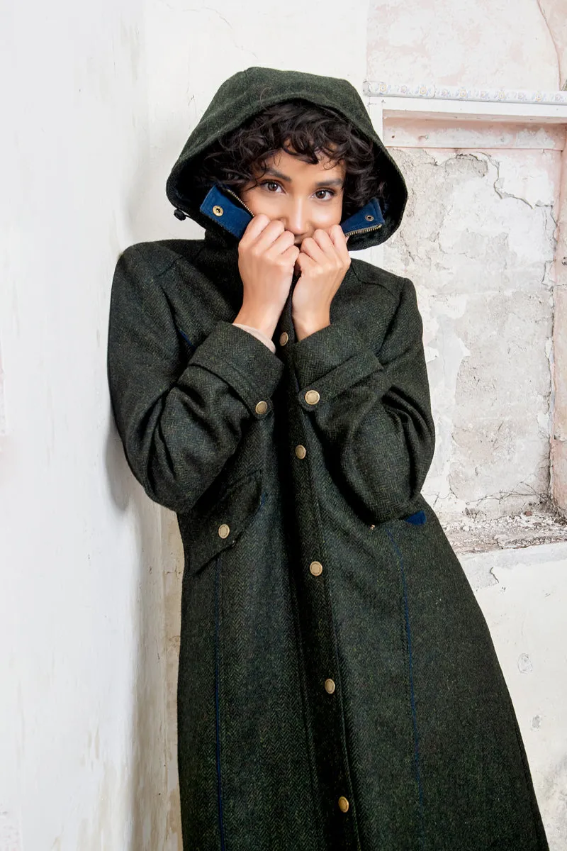 Julia Long Tweed Coat - Deep Green Herringbone