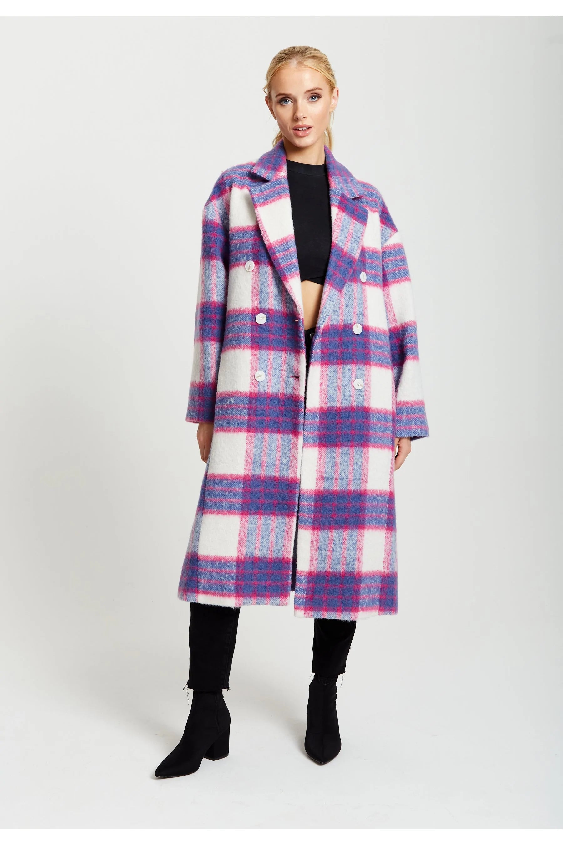 Liquorish Longline Coat In Pink And Navy Checks