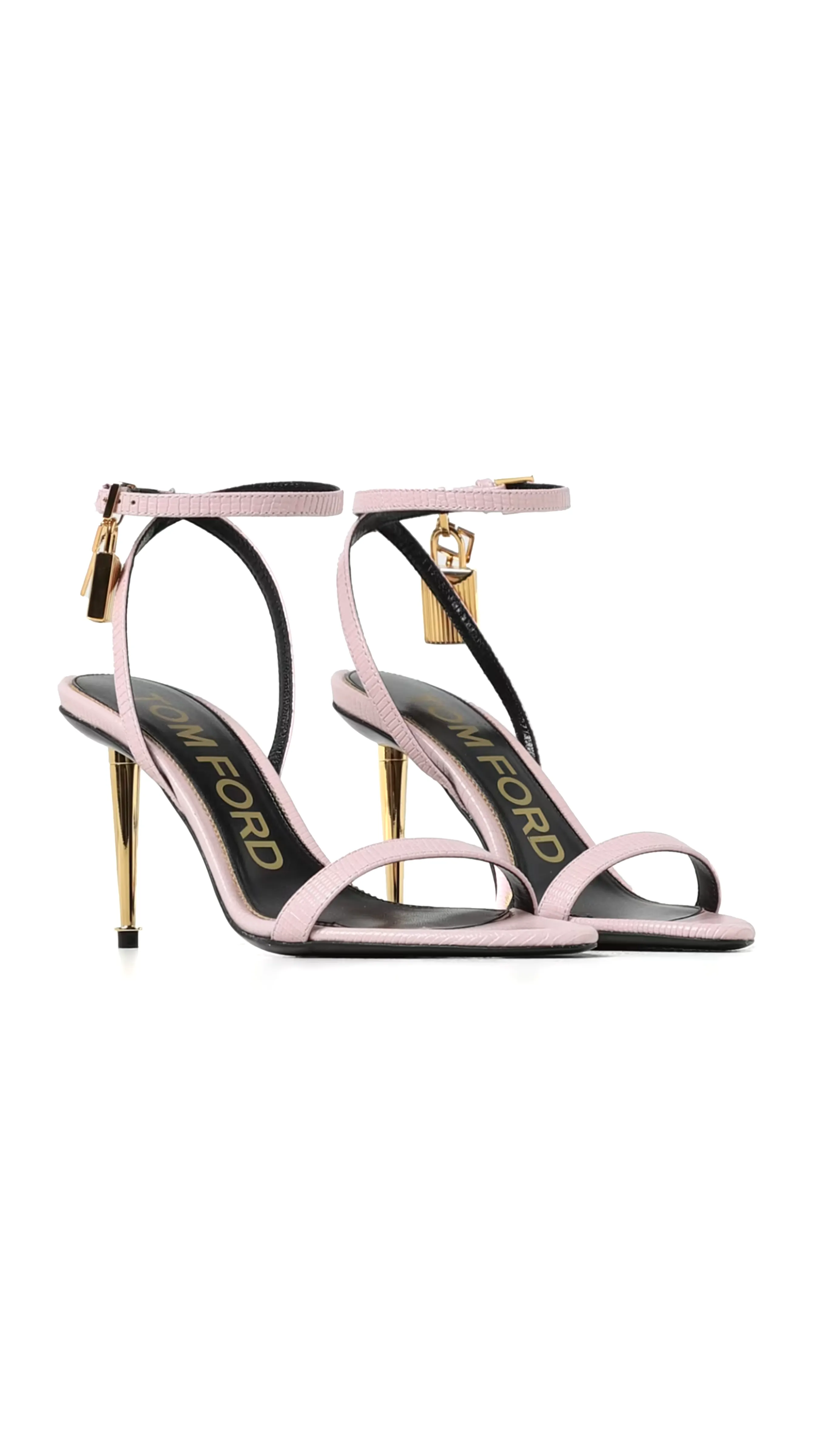 Lizard-Embossed Leather Padlock Pointy Naked Sandal - Light Pink