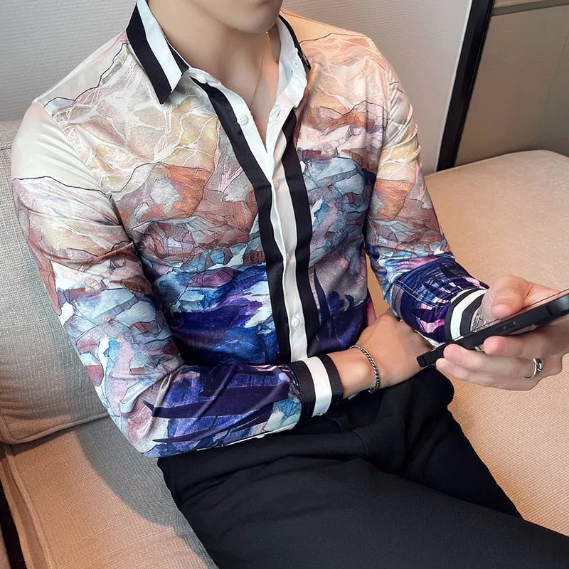 Men's Korean Fashion Autumn Luxury Printed Pattern Long Sleeve Shirt