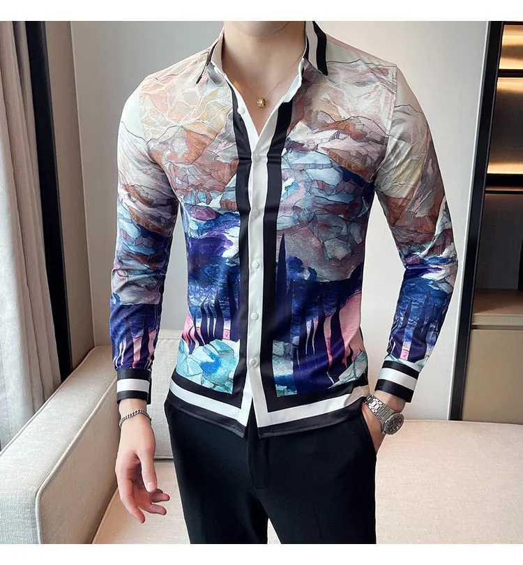 Men's Korean Fashion Autumn Luxury Printed Pattern Long Sleeve Shirt