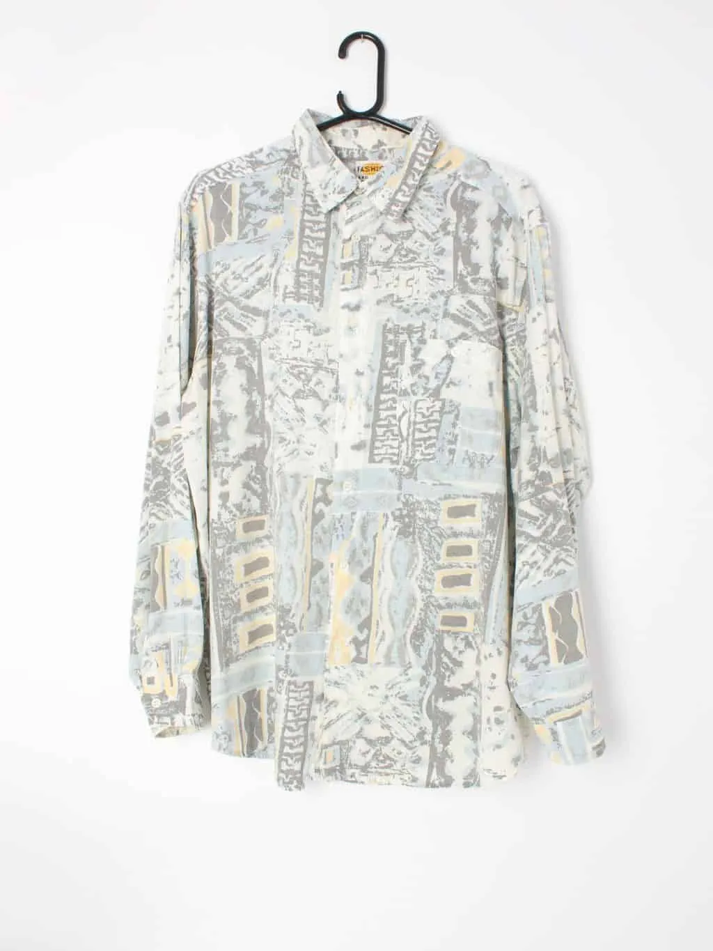 Mens muted blue and yellow abstract long sleeve shirt – L