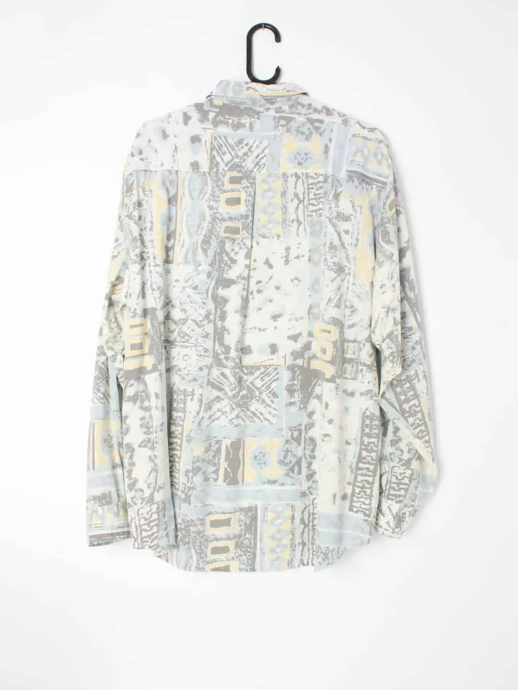 Mens muted blue and yellow abstract long sleeve shirt – L