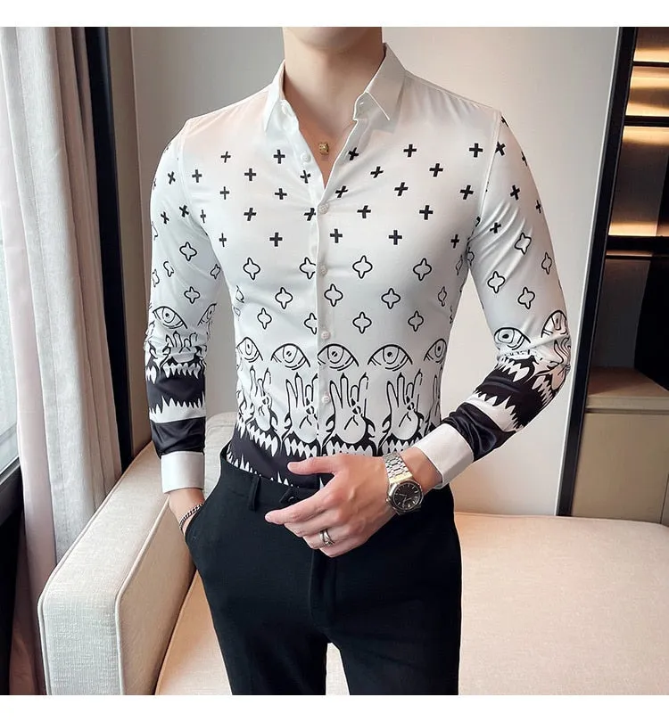 Men's Retro England Style Print Pattern Single Breasted Long Sleeve Shirt