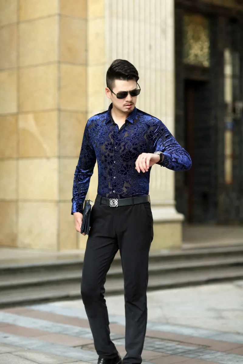 Men's Sexy Floral Printed Transparent See-Through Long Sleeve Shirt