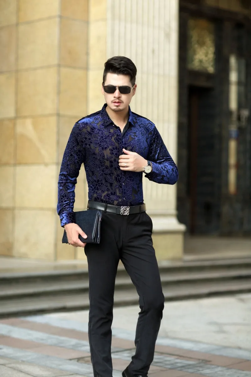 Men's Sexy Floral Printed Transparent See-Through Long Sleeve Shirt