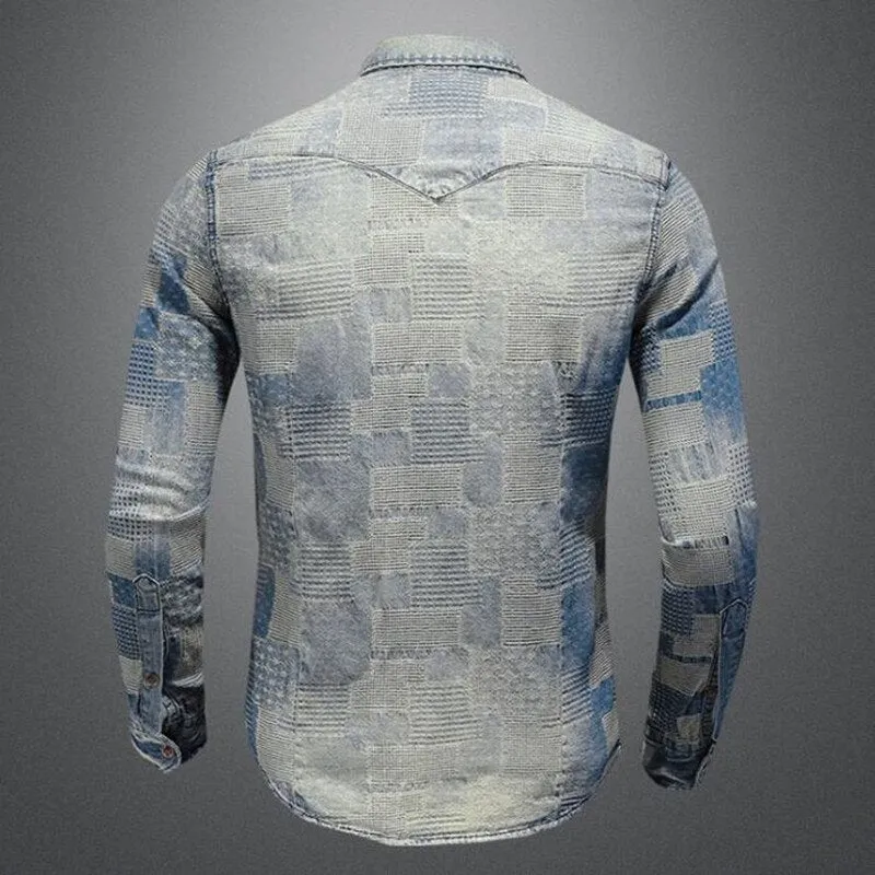 Men's Vintage Punk Style Personality Patchwork Long Sleeve Denim Shirt