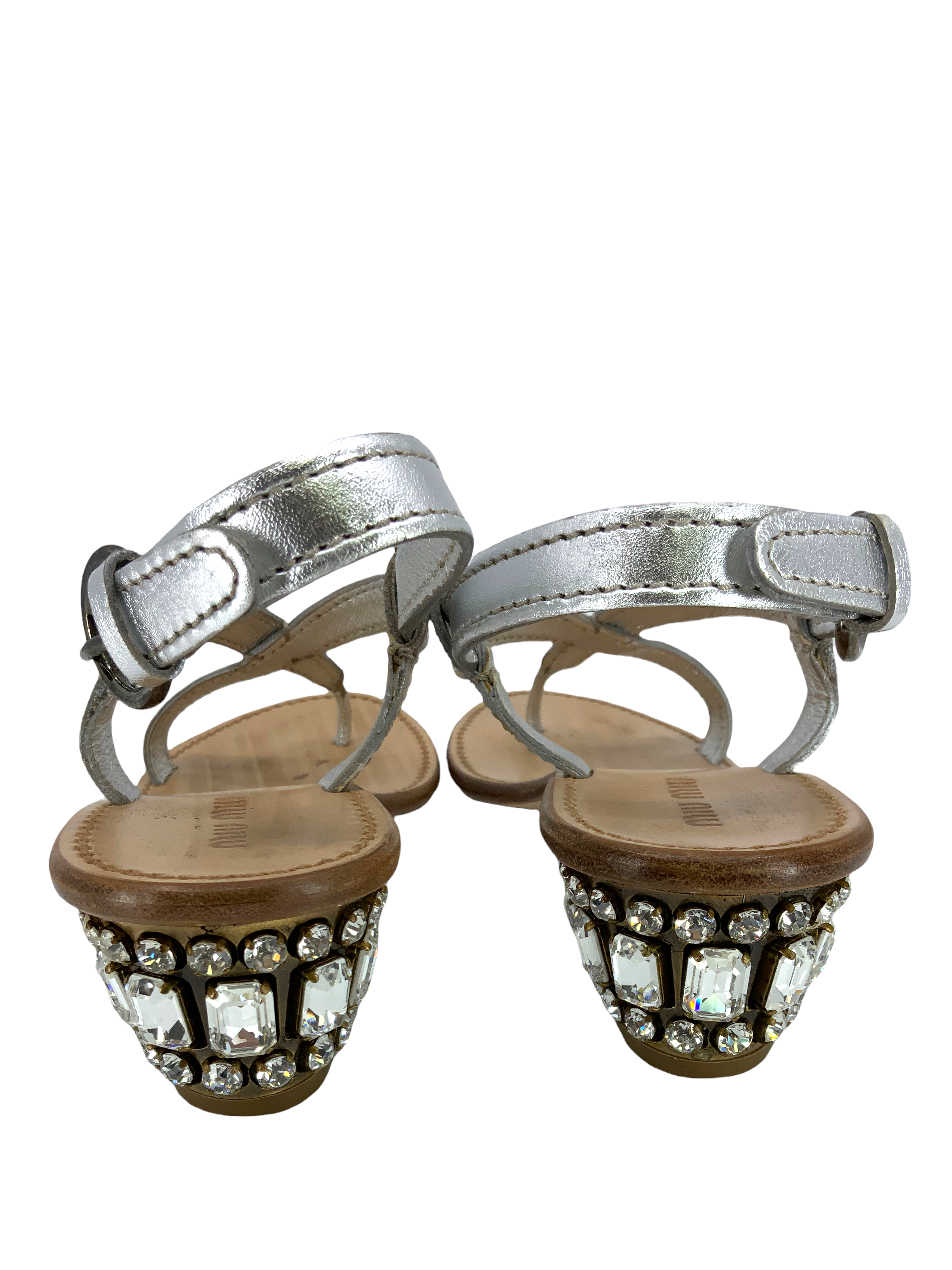 Miu Miu Leather Jeweled Heel Thong Sandals Size 8.5