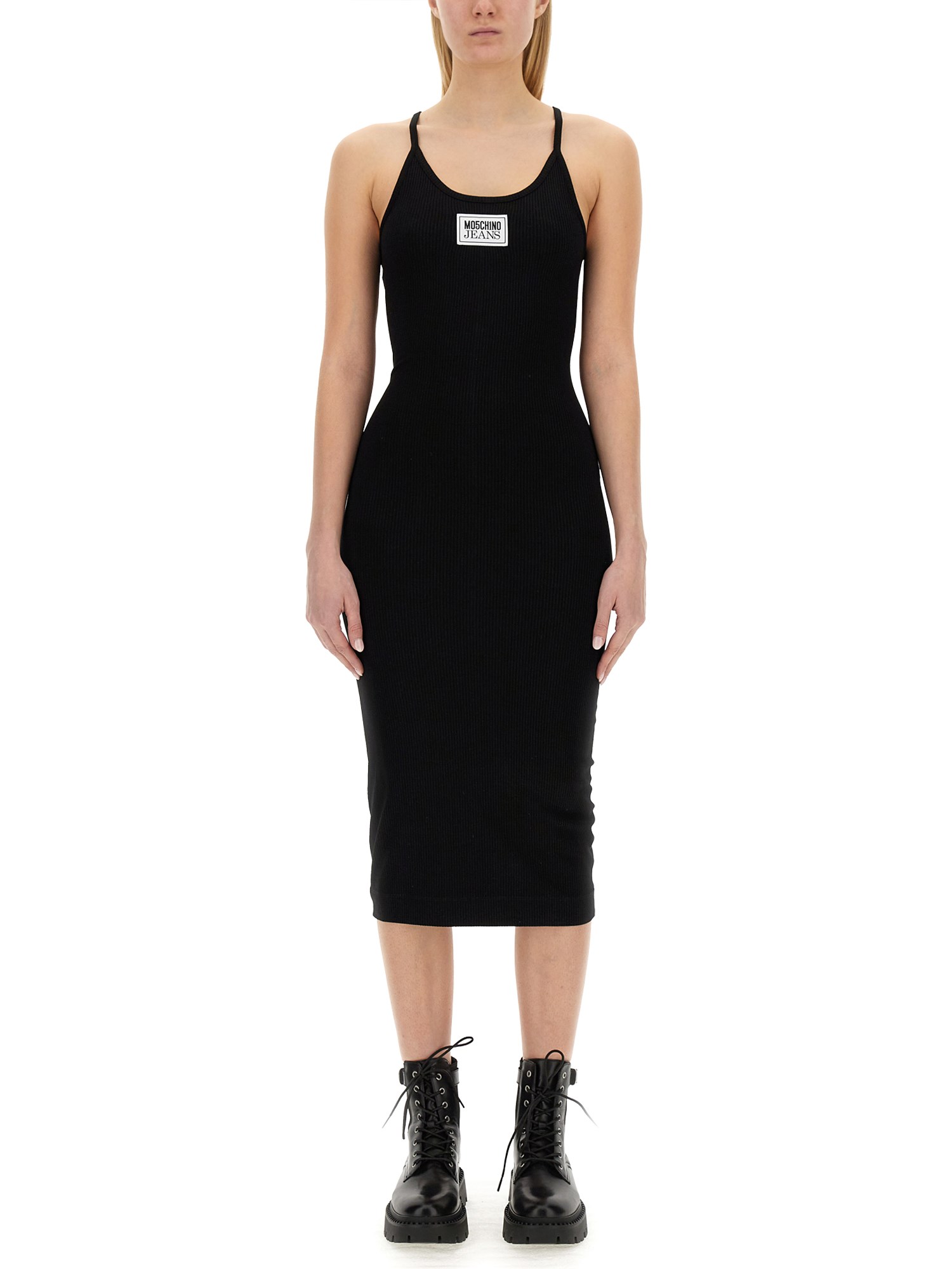 MOSCHINO JEANS    RIBBED DRESS WITH LOGO PATCH