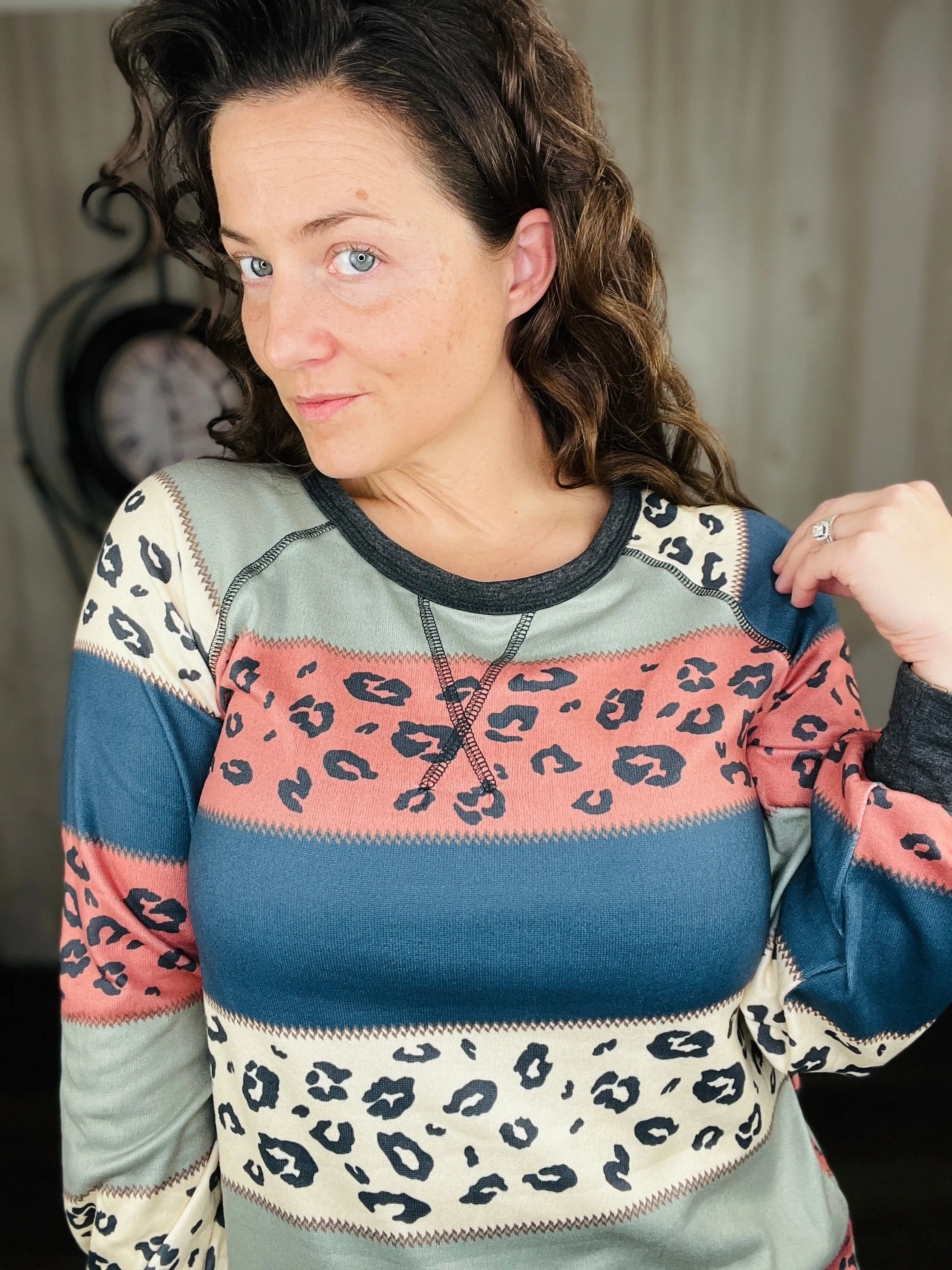 Nancy Olive & Navy Leopard Color Block Top