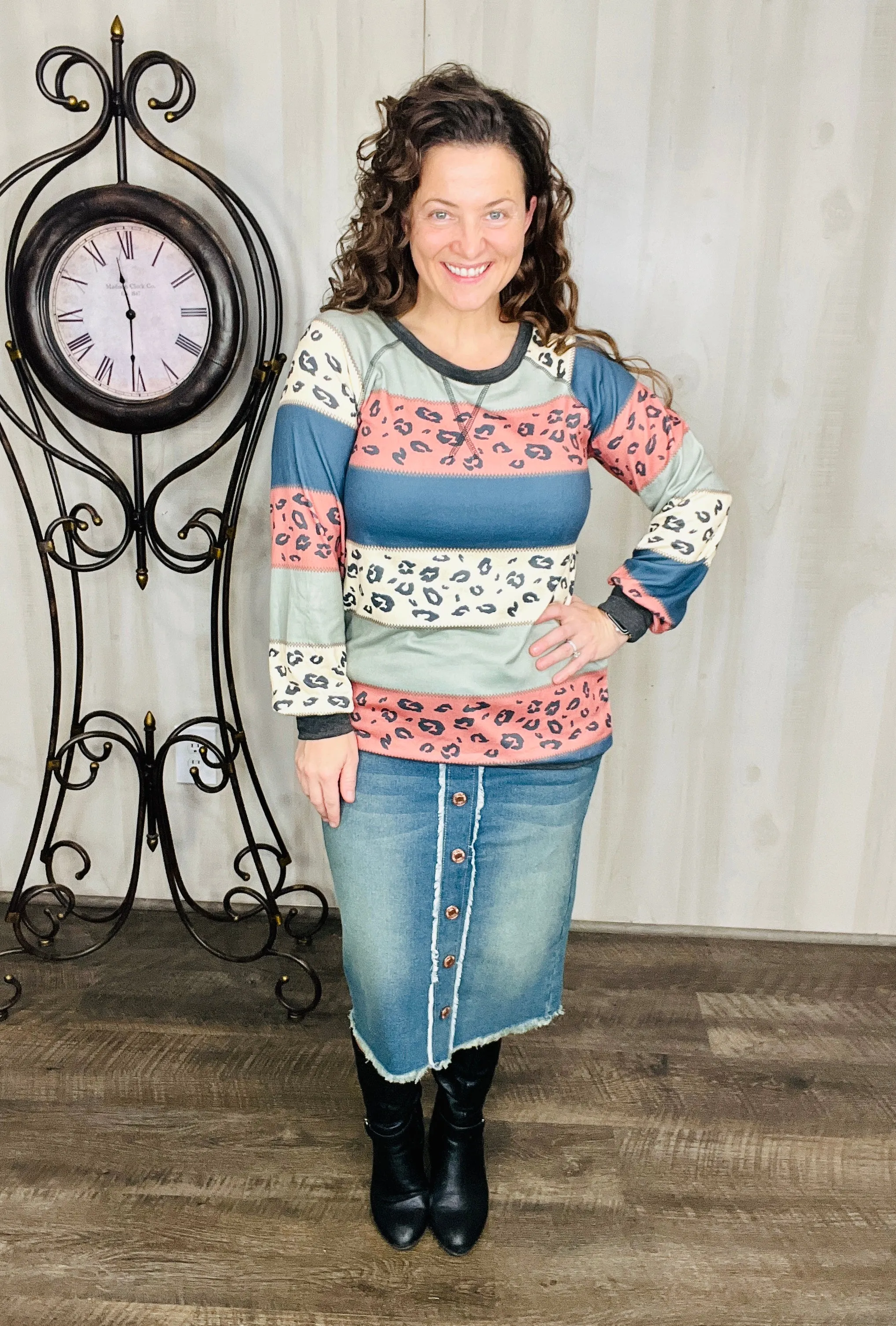 Nancy Olive & Navy Leopard Color Block Top