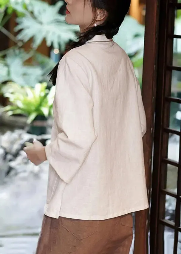 New White Embroidered Pockets Linen Shirt Long Sleeve CG1050