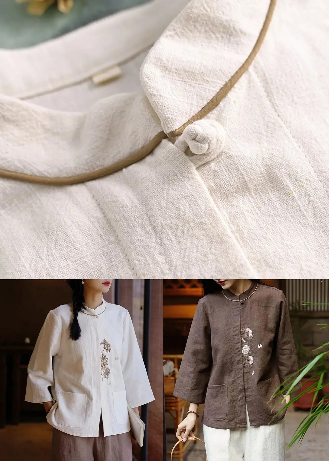 New White Embroidered Pockets Linen Shirt Long Sleeve CG1050