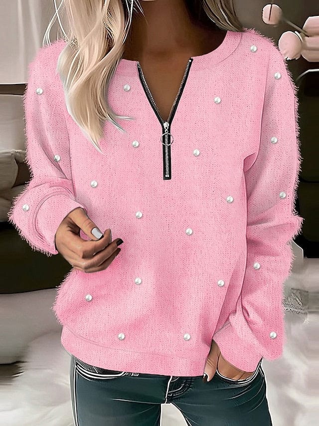 Pink Teddy Textured Quarter Zip Fleece Sweatshirt for Women