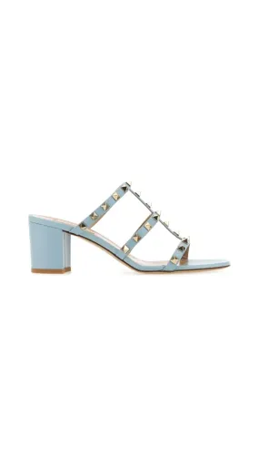 Rockstud Calfskin Leather Slide Sandal 60MM - Porcelain Blue