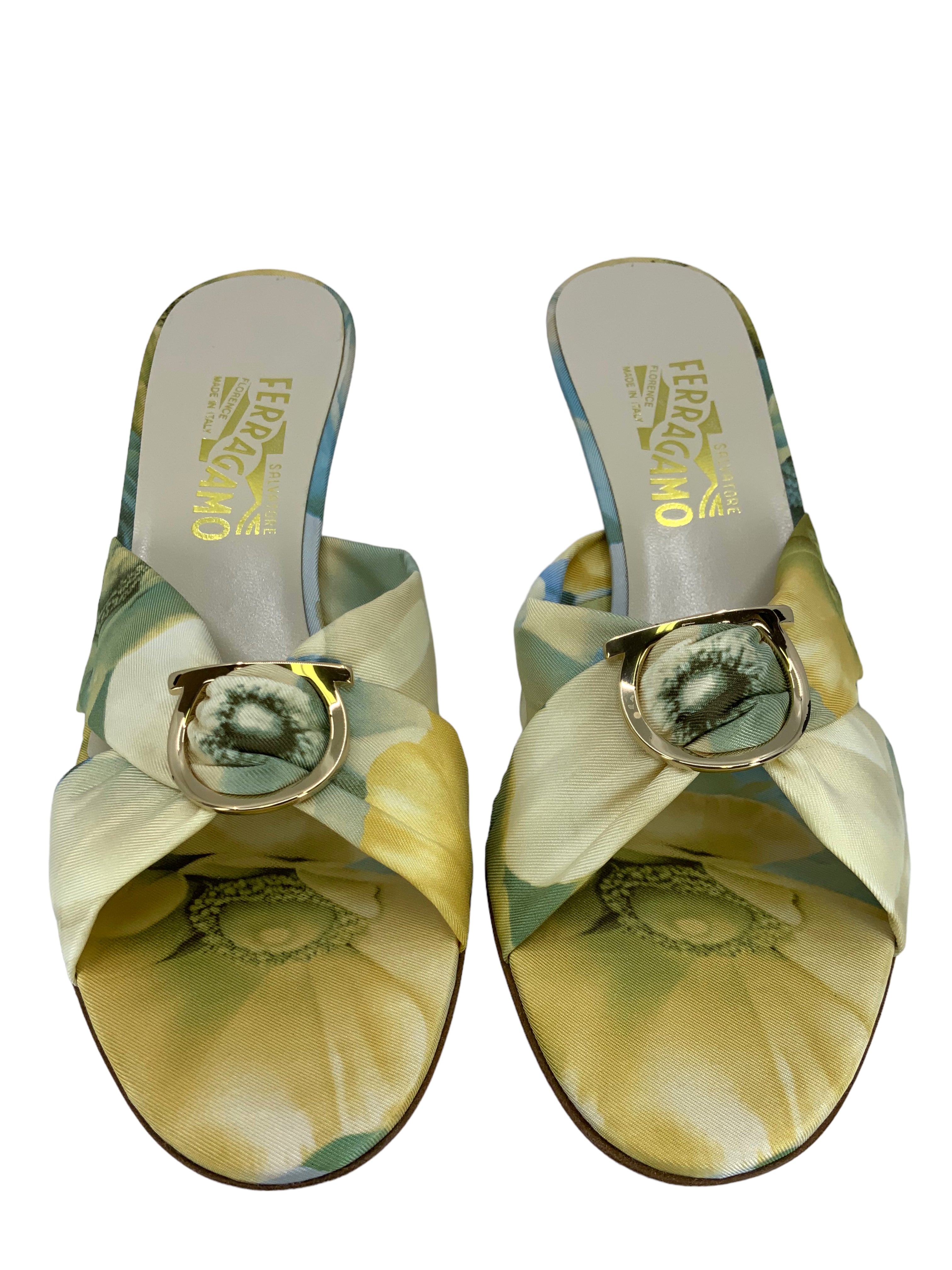 SALVATORE FERRAGAMO Floral Printed Silk Sandals Size 9.5