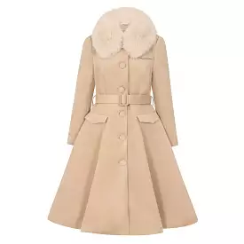 Soft Beige Caramel Vintage Winter Swing Coat With Detachable Collar