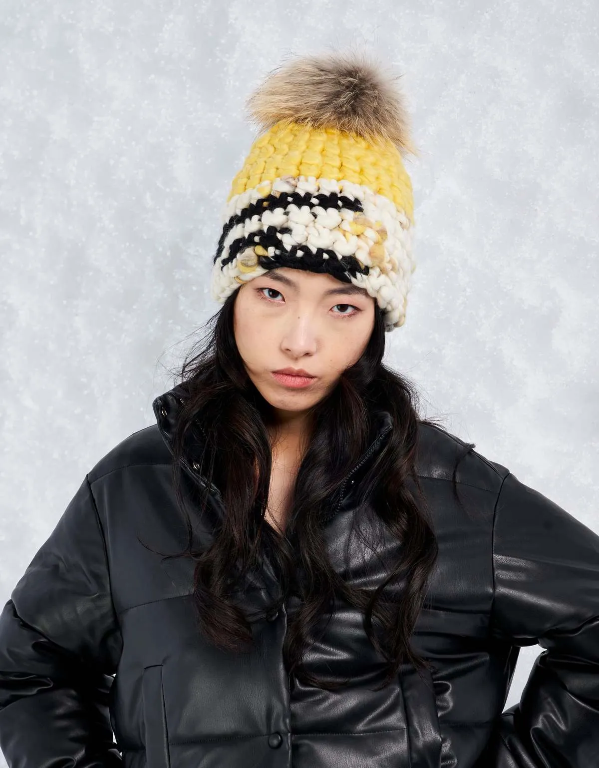 sunny pattern color block raccoon pom beanie - lemon