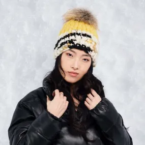 sunny pattern color block raccoon pom beanie - lemon